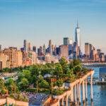 A photograph of Little Island in Chelsea New York. A great public park for walking and relaxing with beautiful views of the Manhattan skyline and Hudson River all around.